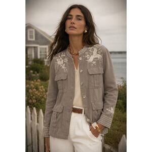 Johnny Was Workshop Oleander Linen Jacket Grey Safari Embroidered Women Medium